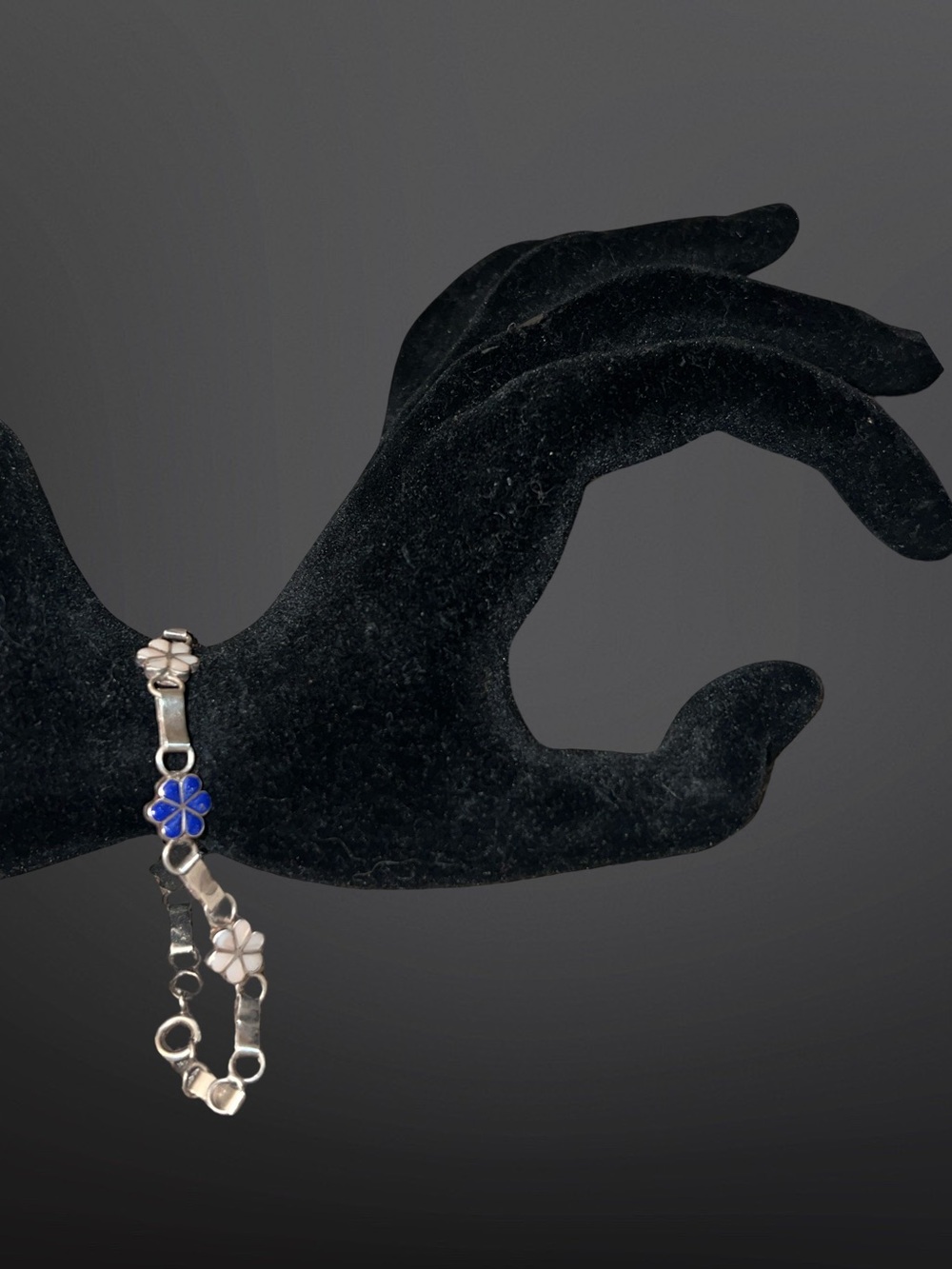 VINTAGE STERLING 925 SILVER FLORAL MOTHER OF PEARL /LAPIS LAZULI BRACELET 7.5”